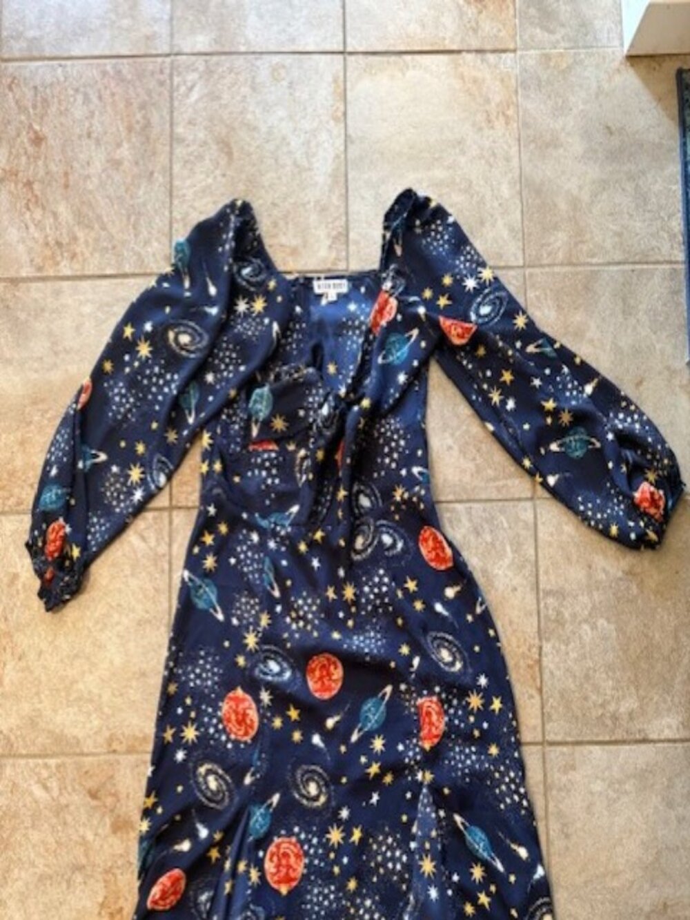 NEON ROSE STELLA Celestial Print Outer Space DRESS Galaxy MIDI Tie Front Sz L